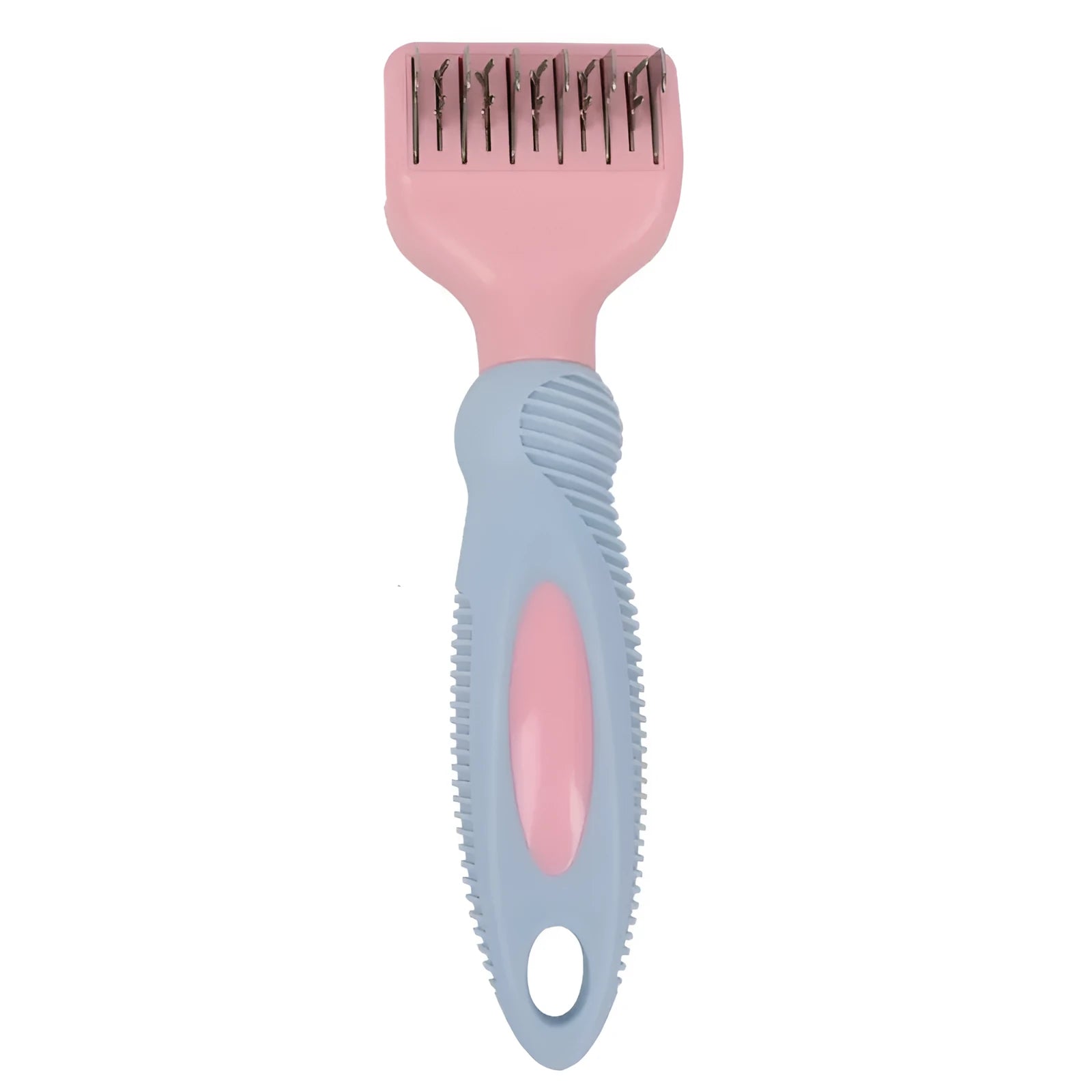 Pink stainless steel dog comb with knot knife edge and massage brush for pet grooming