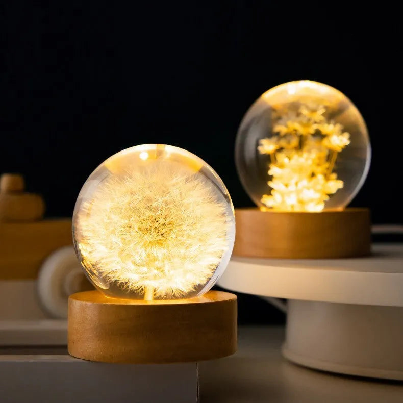 3D dandelion crystal ball night light on a beech wood stand with USB cable