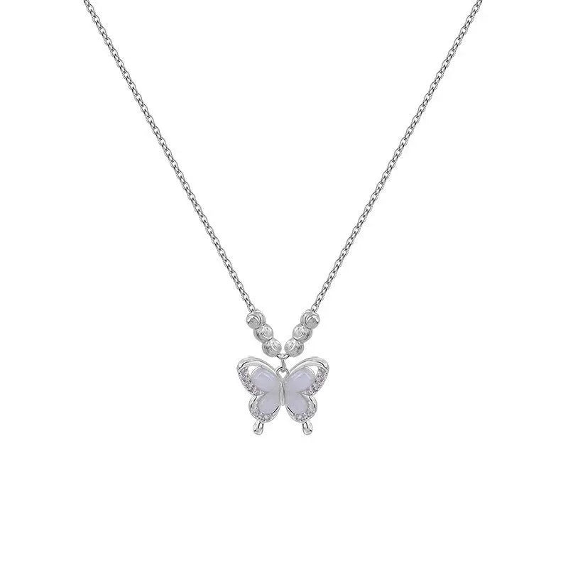 Close-up of a women's silver butterfly necklace with opal stones on an adjustable 41-50cm chain.