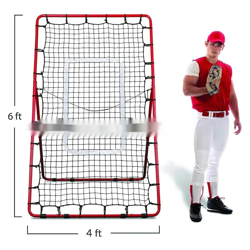 Red portable baseball training net with 4x6ft catching area and metal adjustable frame