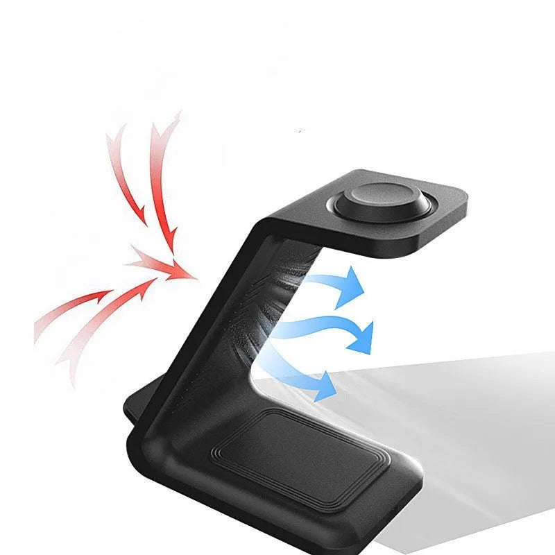 White 3-in-1 wireless charging stand holding a mobile phone upright next to wireless earbuds on its base.