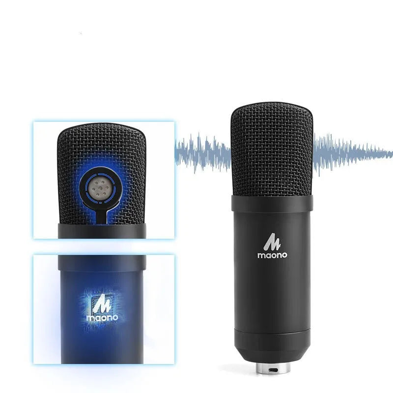 Black wired capacitor microphone with shockproof support and cantilever frame for phone K song and computer recording