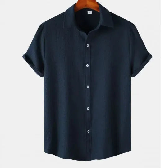 Men's casual short-sleeved polyester shirt in cardigan style showing colour options and extended sizing
