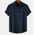 Men's casual short-sleeved polyester shirt in cardigan style showing colour options and extended sizing