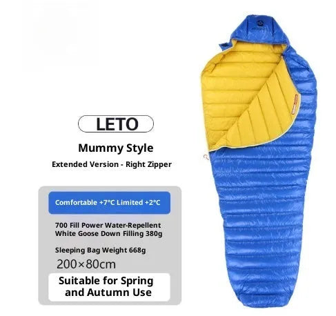 Ultralight goose down mummy sleeping bag for adults in blue, green, and grey colour options
