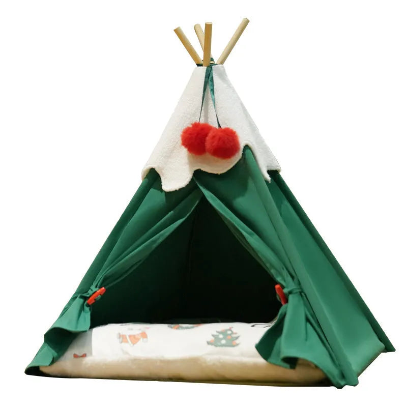 Brown semi-closed cloth cat house with thickened walls for winter sleeping