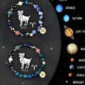 Two natural stone beaded bracelets with zodiac signs on a stretch cord, showing bead detail.