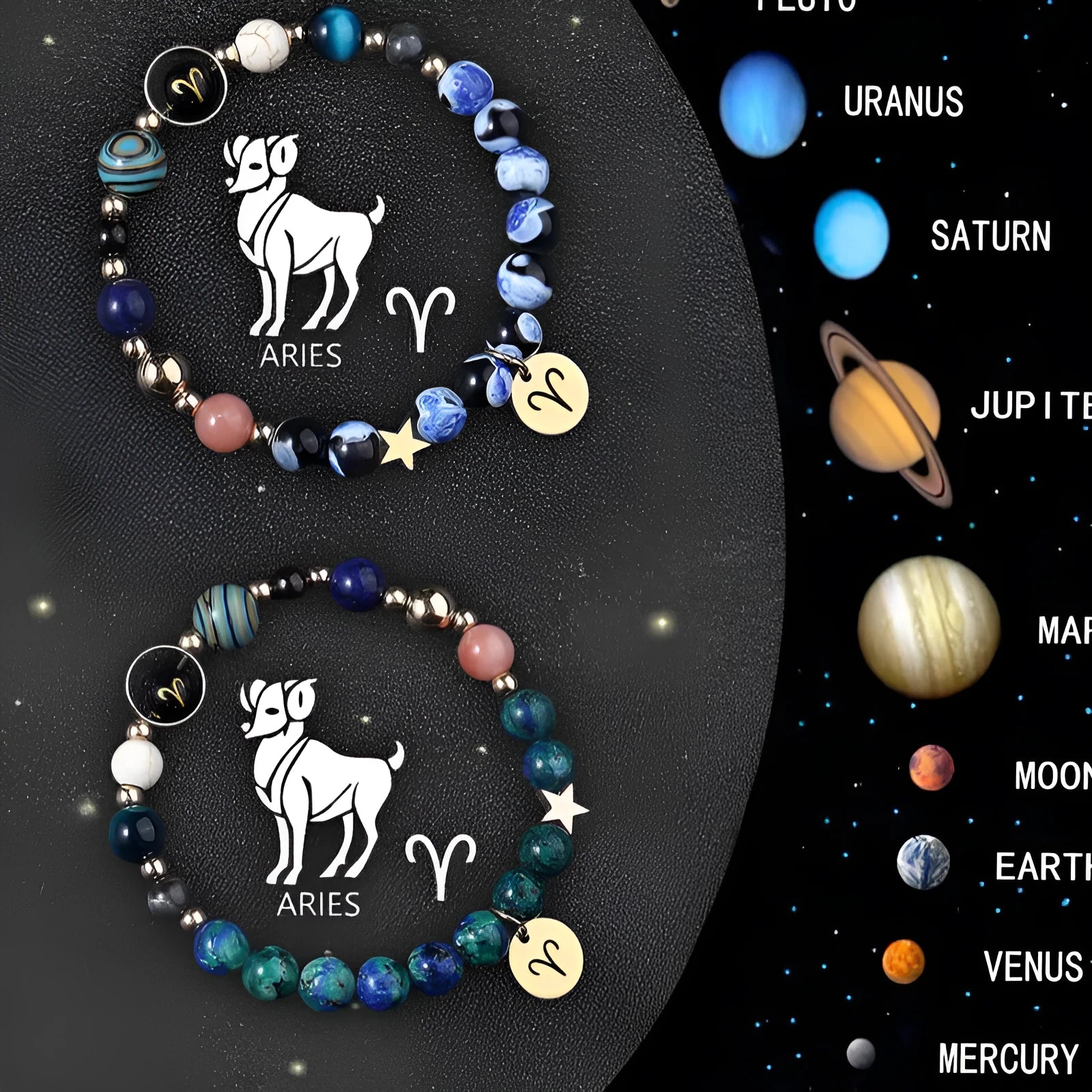 Two natural stone beaded bracelets with zodiac signs on a stretch cord, showing bead detail.