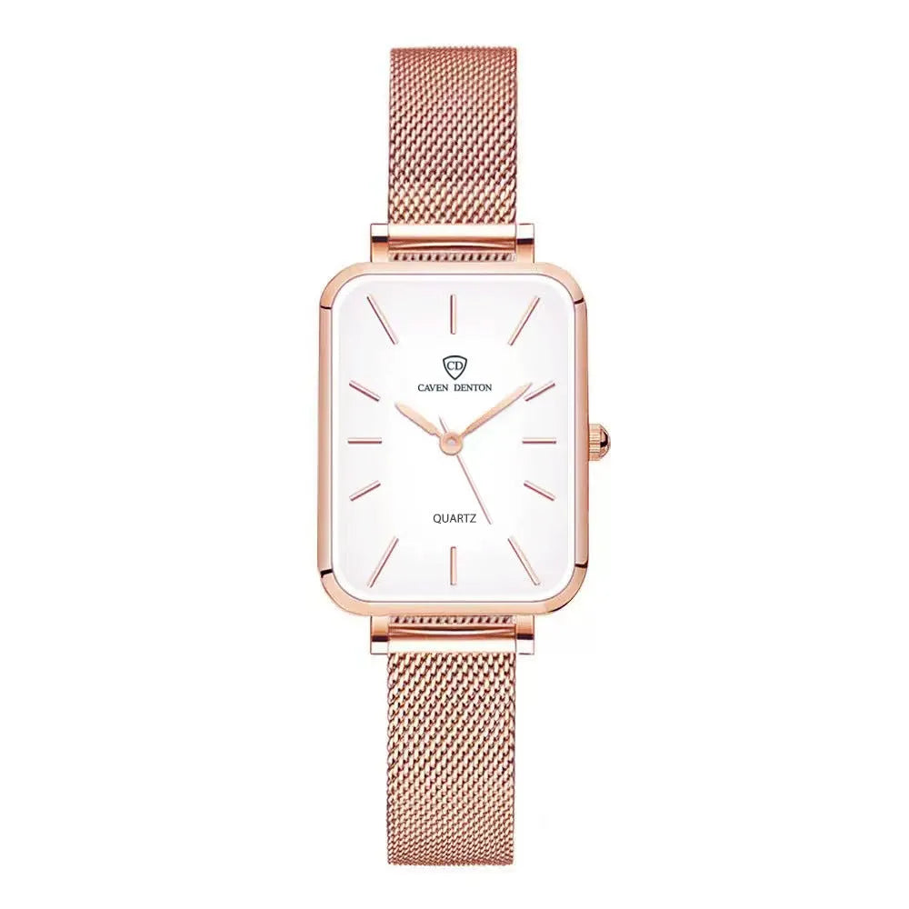 Rose gold women's quartz watch with woven steel strap on wrist, showing alloy case.