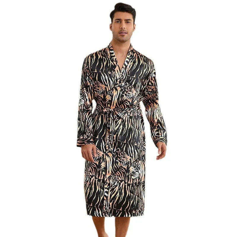 Men's tiger print bathrobe set with long sleeves and matching shorts