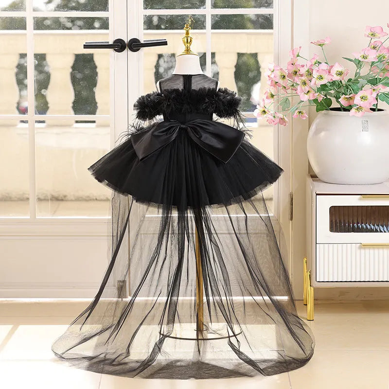 Black polyester girls evening dress princess style catwalk performance height 80-150cm