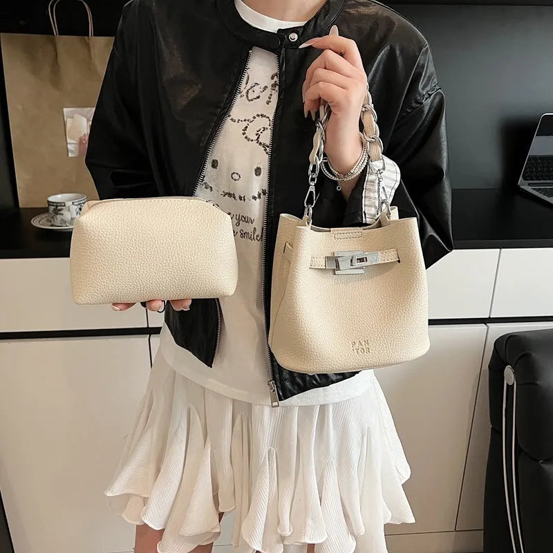 Soft PU leather women's shoulder bucket bag with chain strap and multiple internal pockets