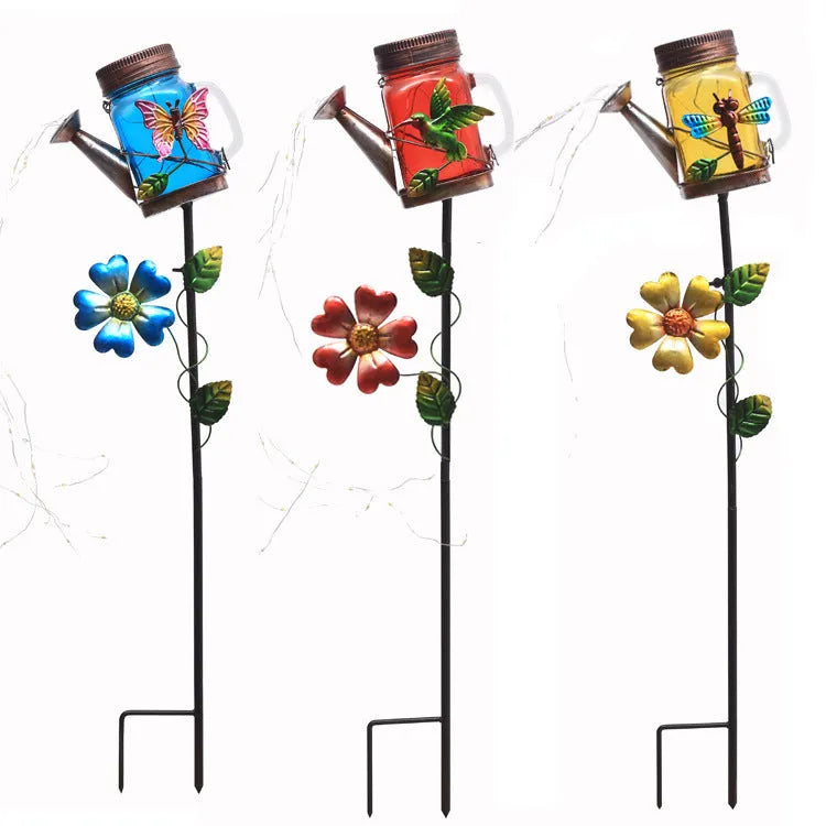 Solar iron kettle lamp with butterfly design, 0.5W, IP44 outdoor waterproof garden light