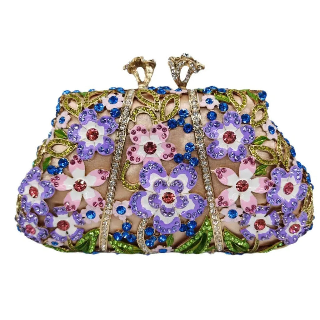Gold oval metal evening clutch with enamel flower, hollow, diamond and dripping oil detail, 22 x 12 x 6 cm