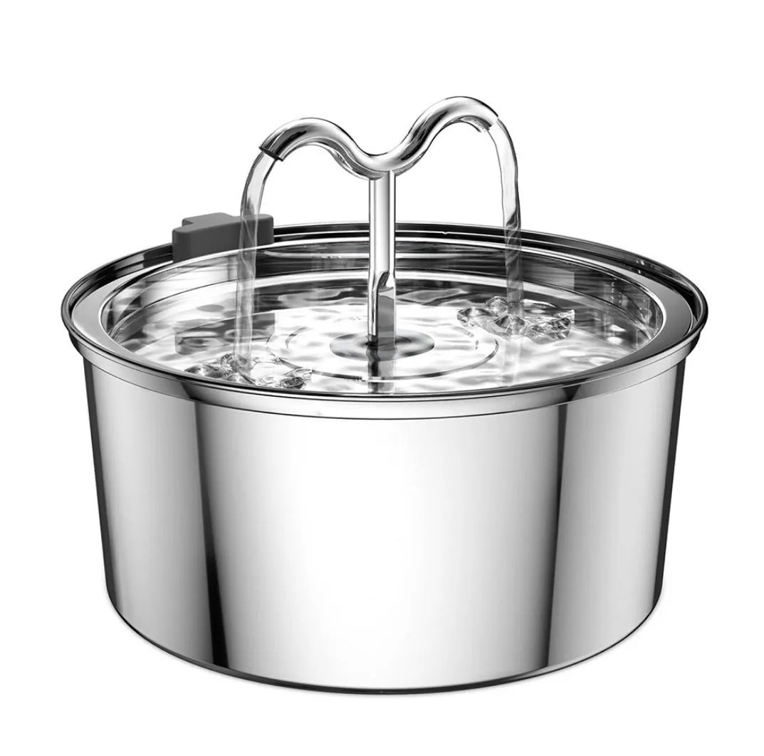 Stainless steel pet water dispenser with round basin and window faucet for dogs and cats.