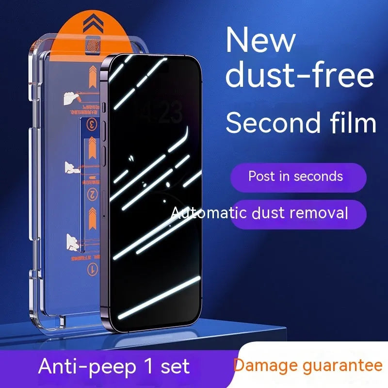 Tempered glass screen protector for iPhone with anti-fingerprint and anti-blue light features.