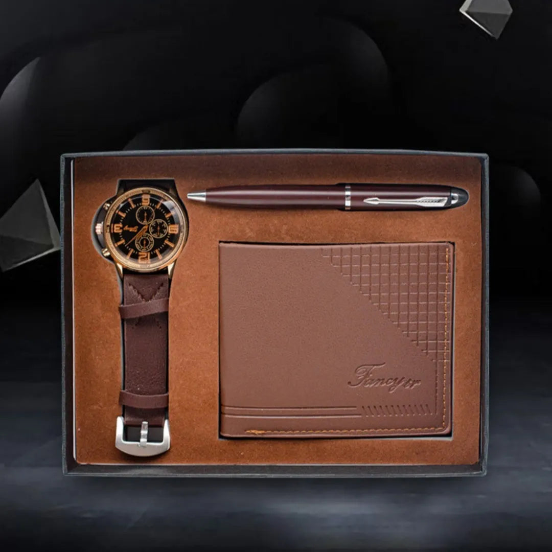 Creative holiday gift set showing a wallet, pen and watch in a modern simplicity gift box with OPP wrap.