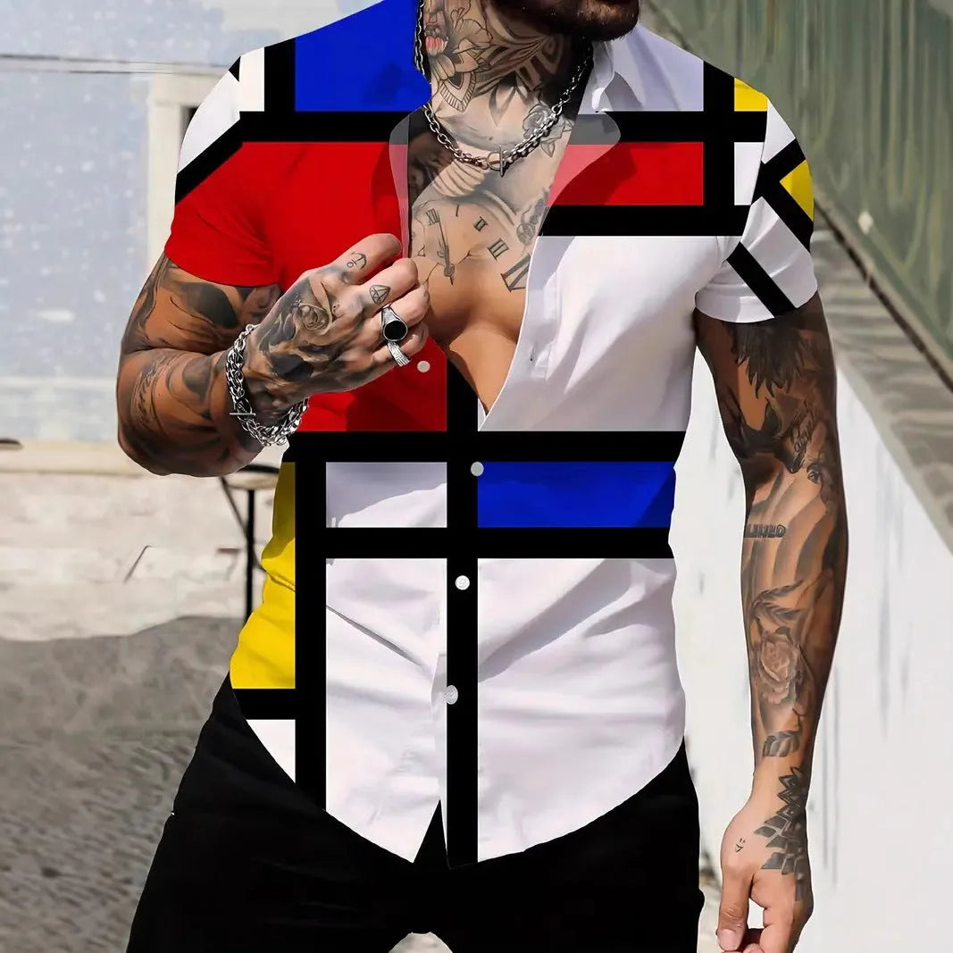 Men's geometric patterned short sleeve shirt with lapel collar in slim fit