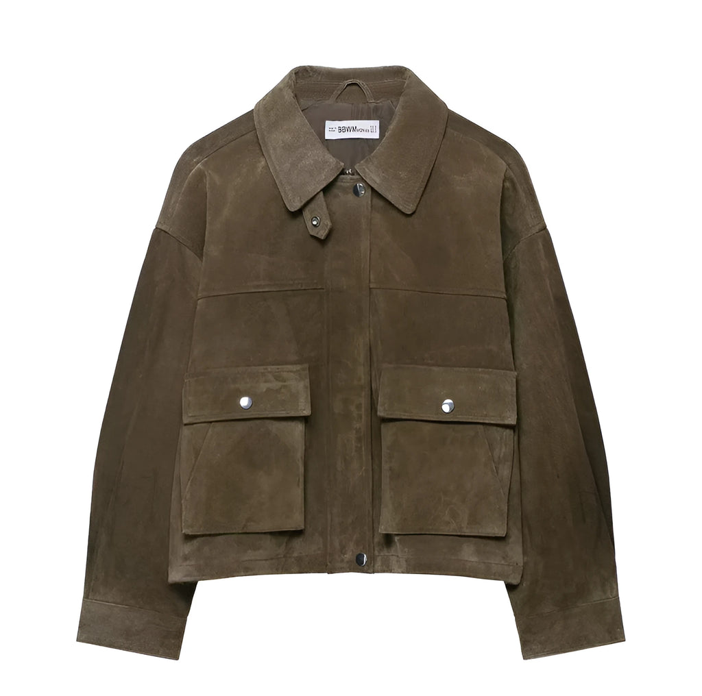 Women's picture colour PU jacket in Japanese Korean casual style on a hanger.