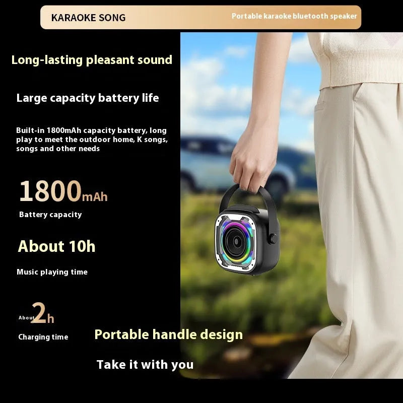 Portable Bluetooth speaker with integrated karaoke microphone in black, white, yellow, or pink