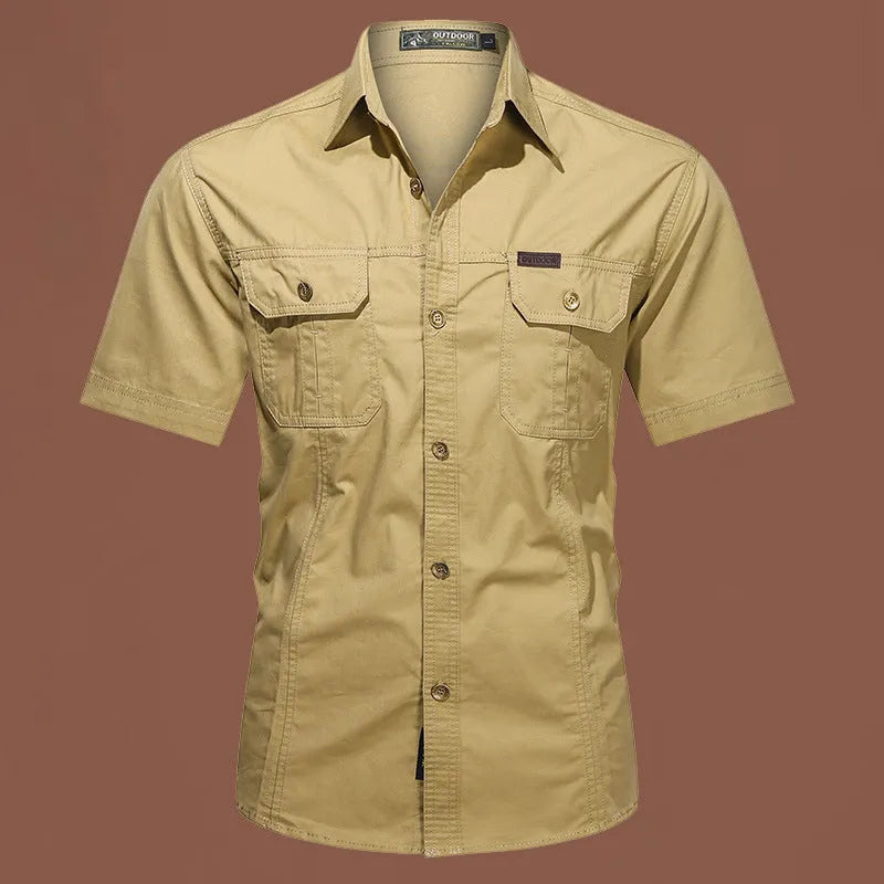 Men's short sleeve cotton work shirt in a loose cardigan style, shown in army green.