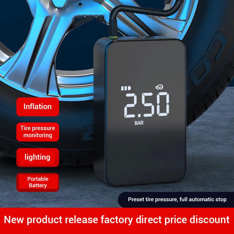 Wireless digital display car tyre inflator pump with hose and nozzles on a grey background