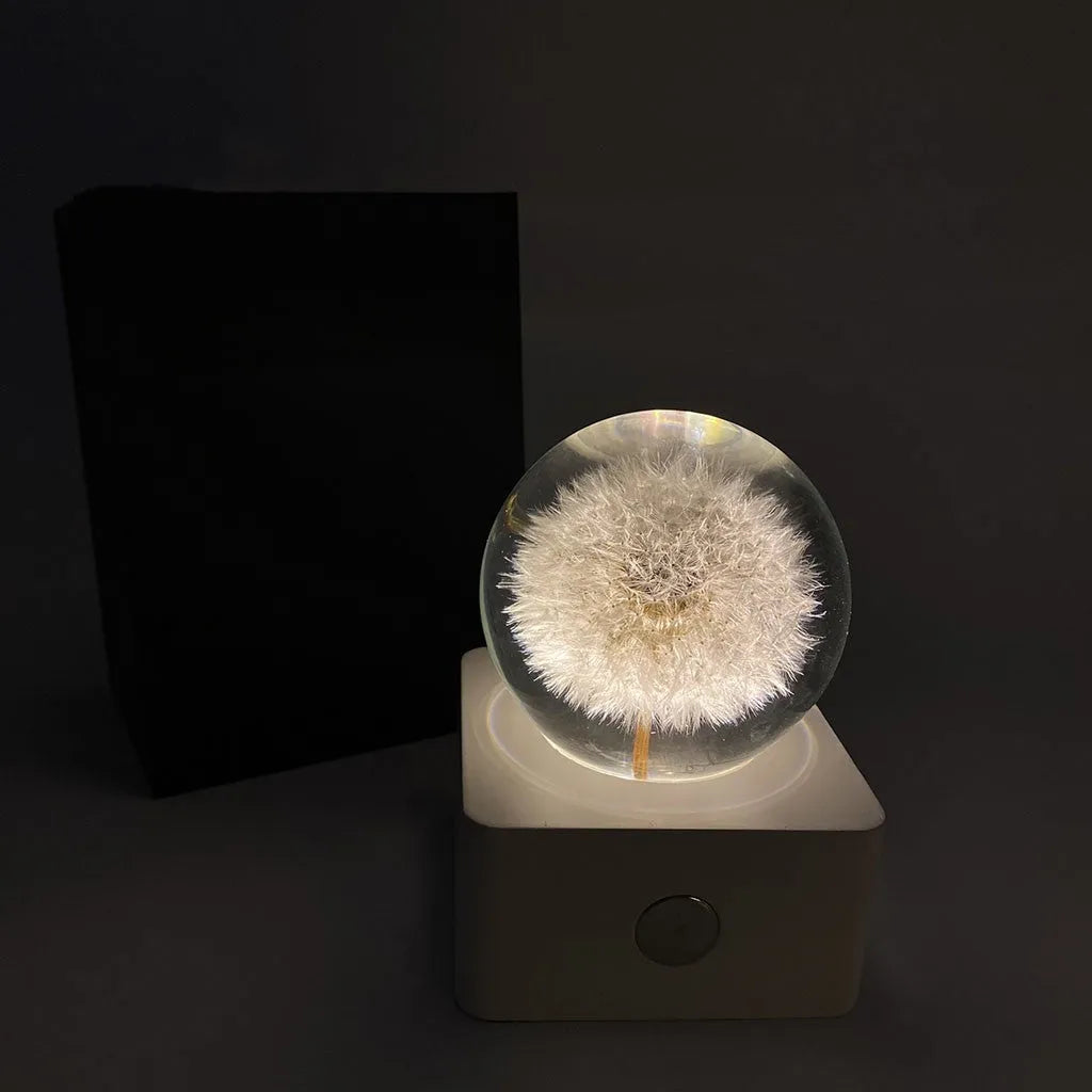 Small 8cm USB night light with a preserved dandelion and sunflower specimen inside, on a desktop.
