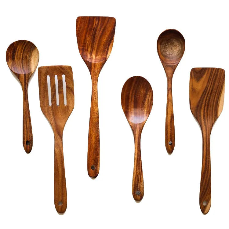 7-piece wooden cooking utensil set with anti-scald handles for non-stick pans