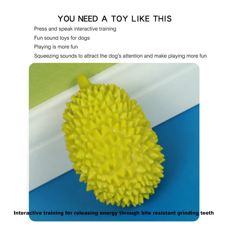 Beige, green and yellow durian-shaped dog chew toy with raised texture for dental cleaning
