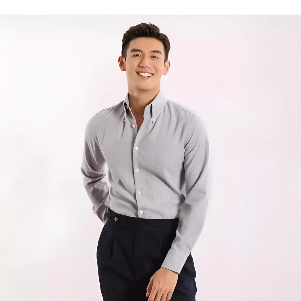 Non-ironing men's long-sleeved casual plaid business shirt in khaki, viscose blend, cardigan style
