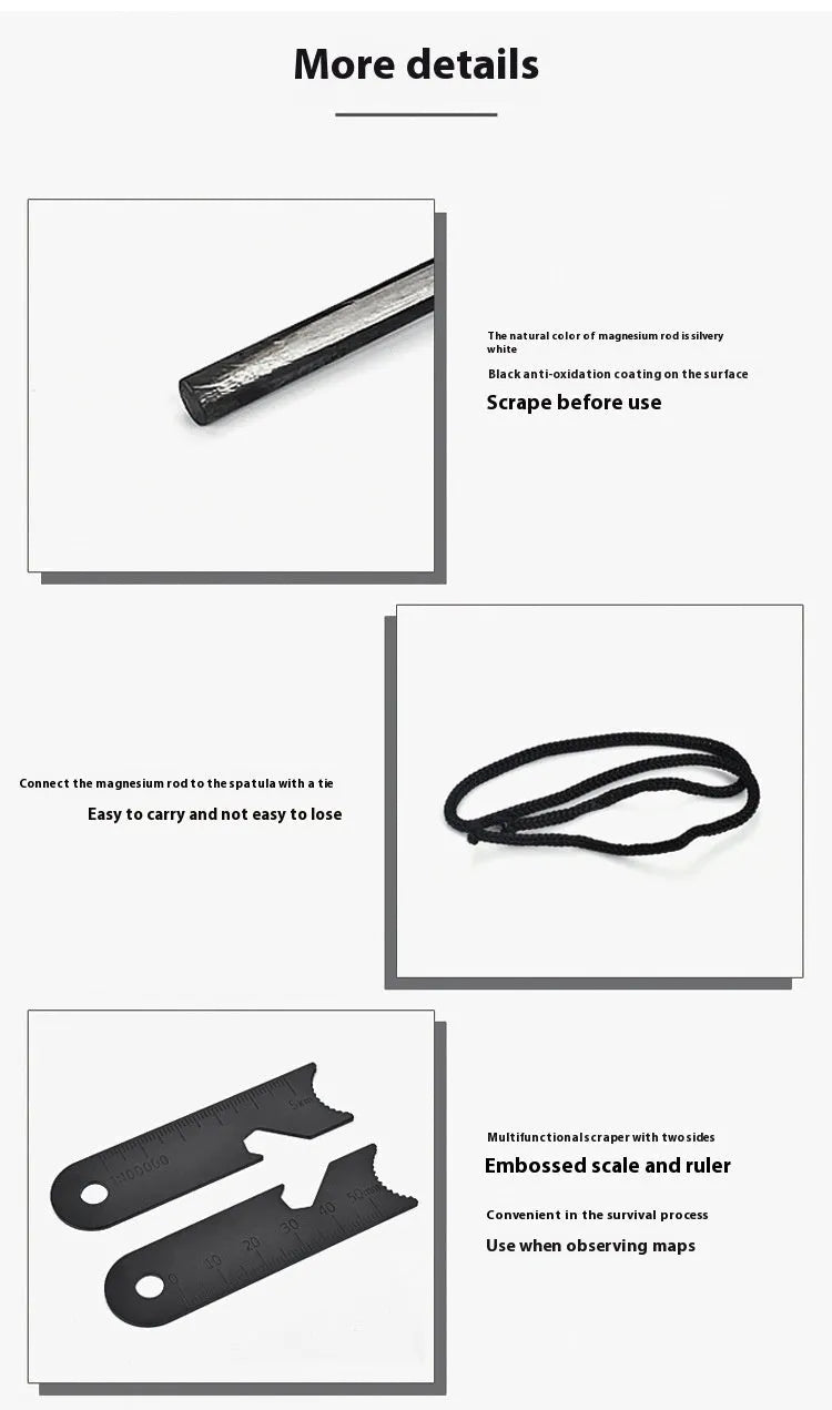 Black outdoor multifunctional survival flint with magnesium rod and stainless steel tools including whistle and bottle opener.