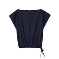 Women's high-neck blouse with flounced sleeves and matching wide-leg trousers in a formal suit set.