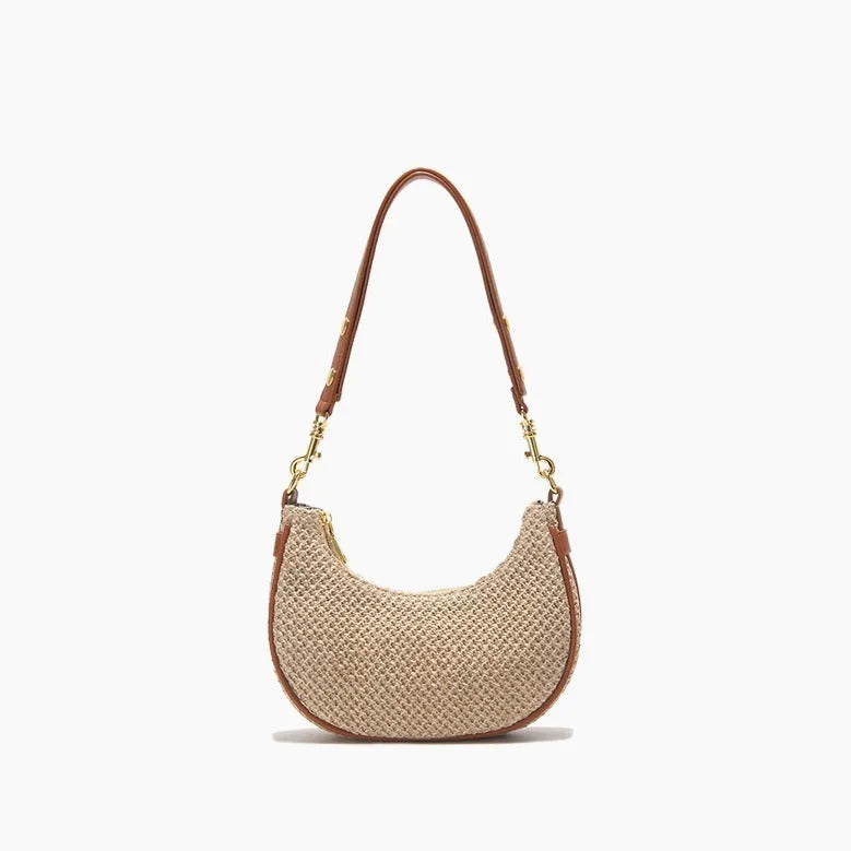 Straw-textured women's shoulder underarm bag in brown with visible sewing thread detail and sandwich pocket