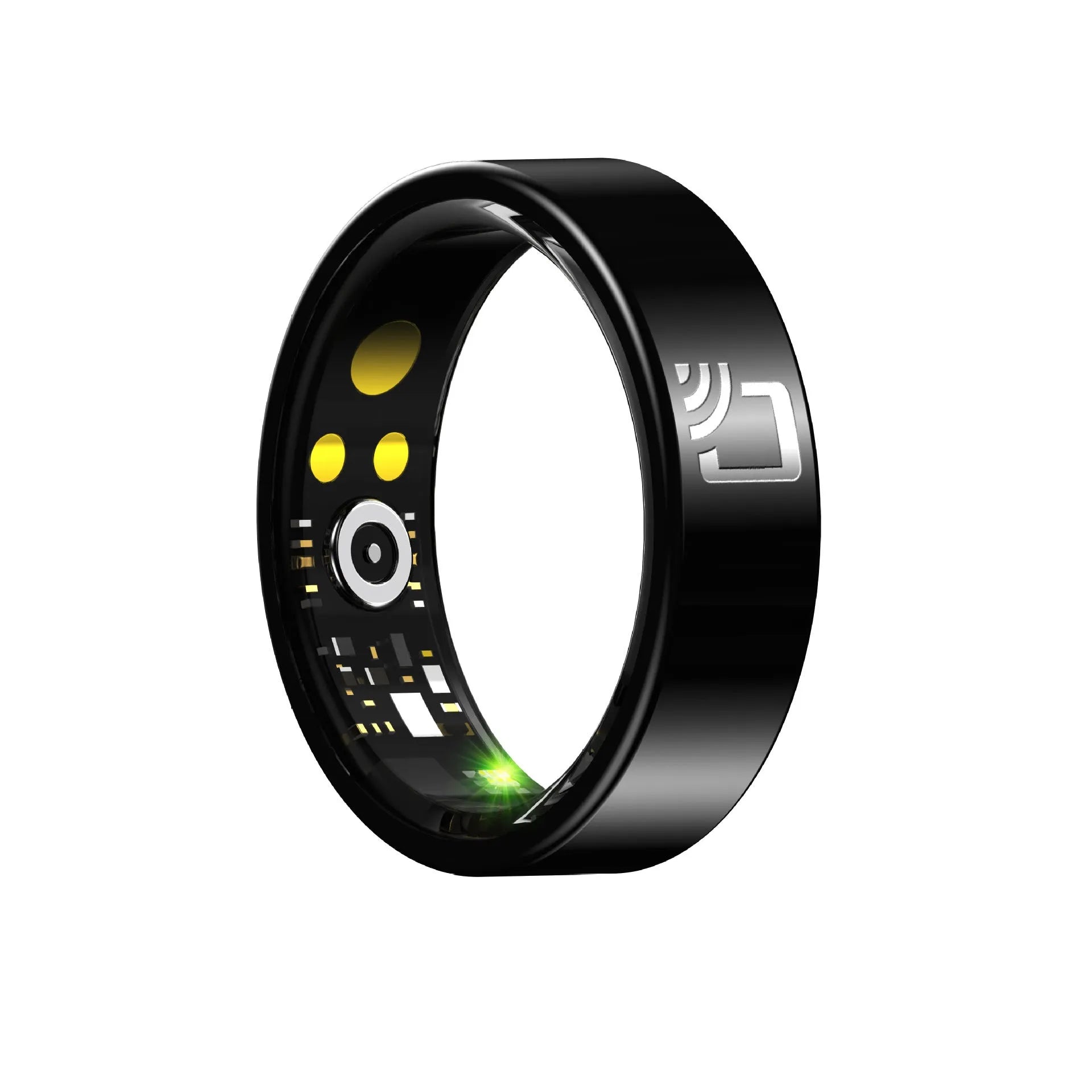 Black ceramic smart ring for health monitoring on a finger.