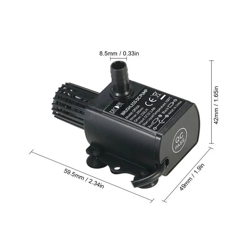 Micro brushless DC submersible pump in black with USB cable, 8mm inlet and outlet, and rubber suction cups