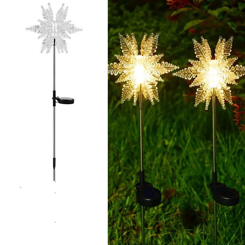 LED solar snowflake lawn light in warm white with 2V 100mA solar panel and waterproof outdoor design