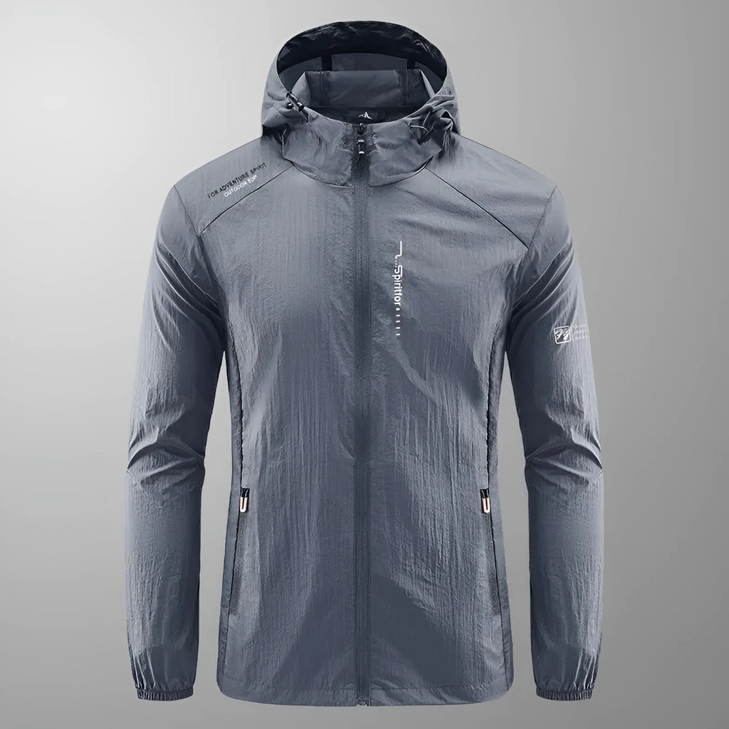 Men's thin nylon hooded jacket in light grey colour showing loose fit summer design