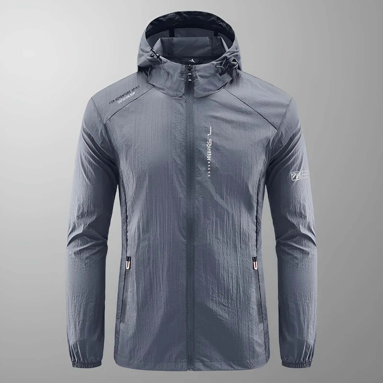 Men's thin nylon hooded jacket in light grey colour showing loose fit summer design