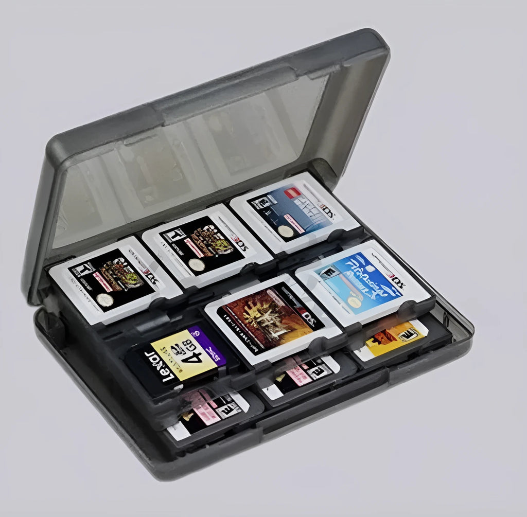 NDS 3DS 24-in-1 game card storage box in choice of colours showing compact size.