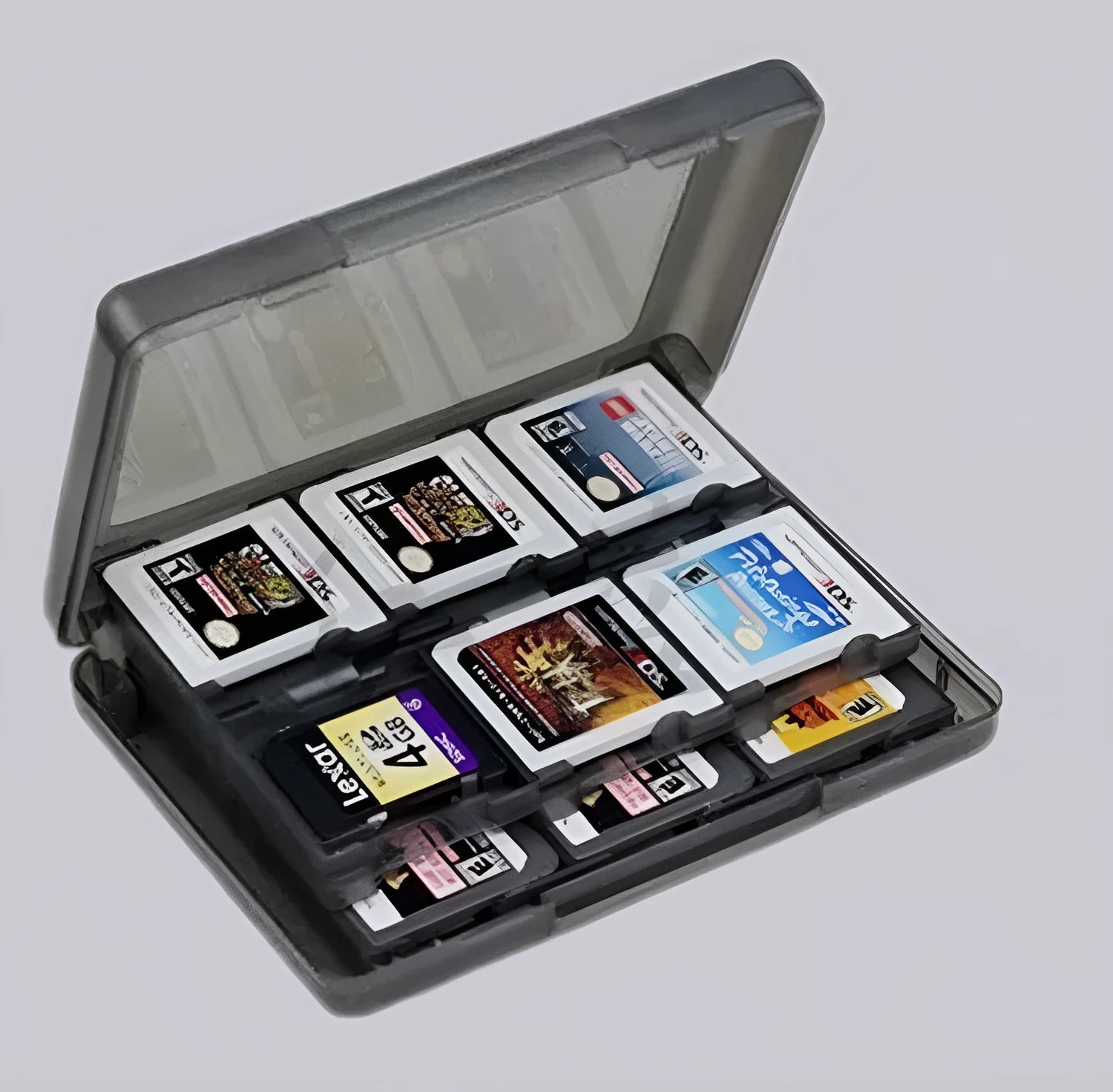 NDS 3DS 24-in-1 game card storage box in choice of colours showing compact size.