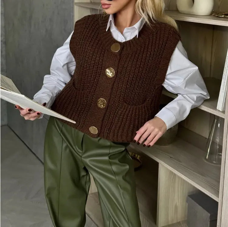 Women's button thick knitted short cardigan in apricot colour, front view, short length