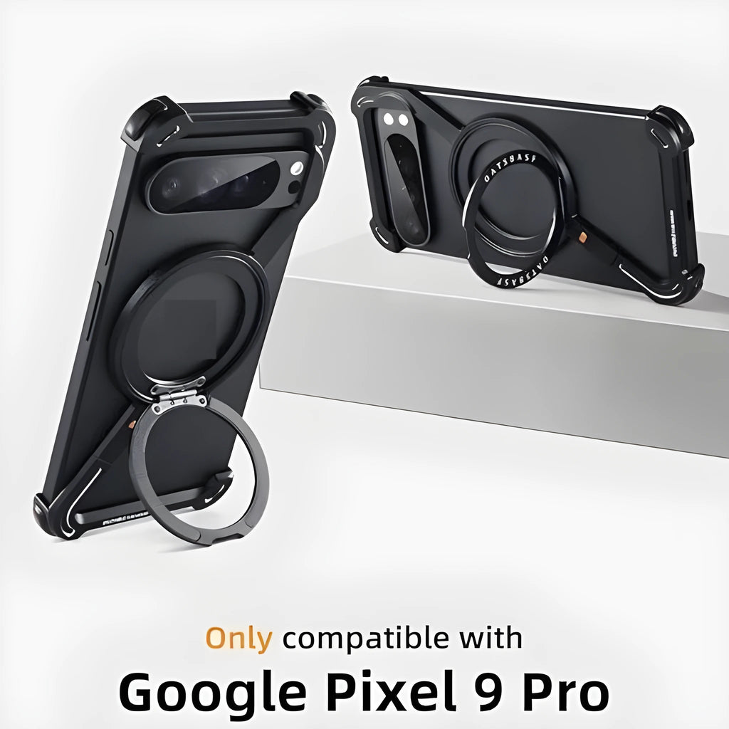 Black metal hollow phone case with rotating bracket and magnetic suction for Pixel 9, 9 Pro and 9 Pro XL