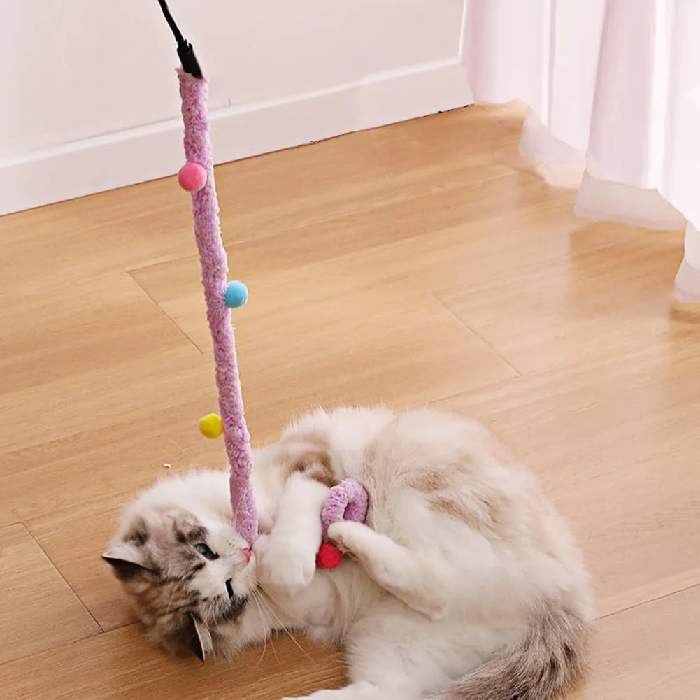 Blue cat wand toy with plush strip and bell measuring 41cm pole with 60cm extension