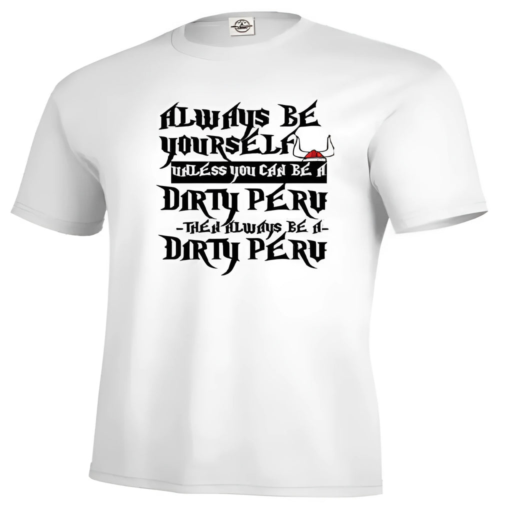 White men's short sleeve casual top with a printed design, showing straight fit on a model.