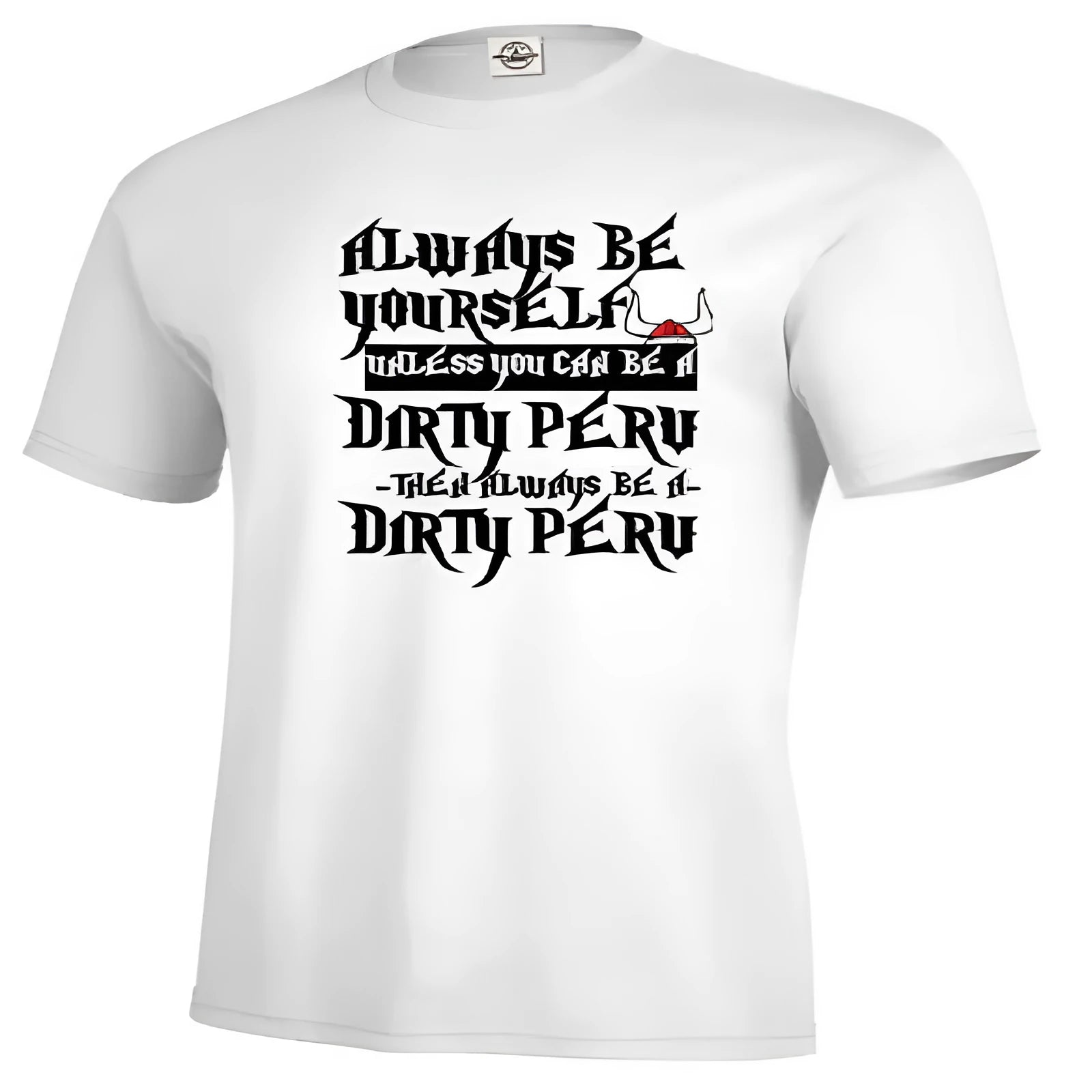 White men's short sleeve casual top with a printed design, showing straight fit on a model.