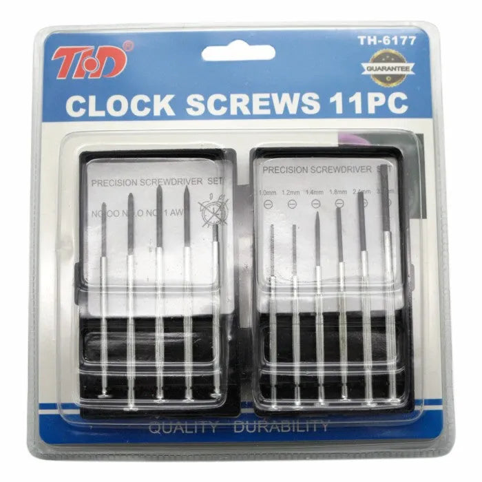 TH-6177 11-piece clock repair screwdriver set with crosshead and flathead bits.