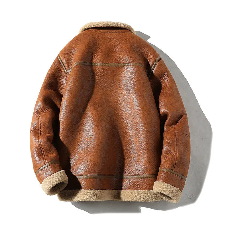 Fleece-lined plus size leather coat with faux fur trim in camel colour, front view