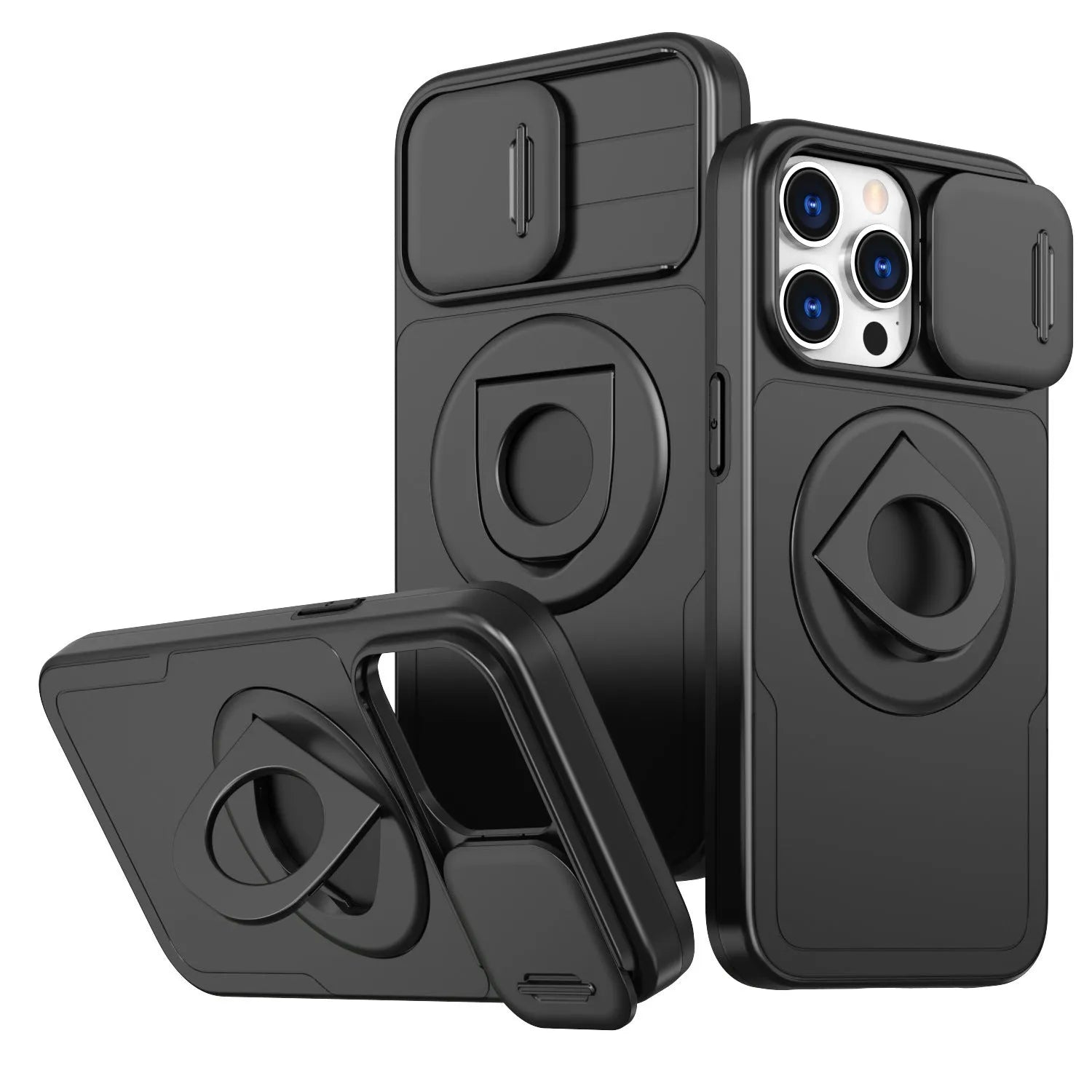 Phone case with sliding window, magnetic ring rotating bracket, in black, for Apple iPhone 16 Pro Max