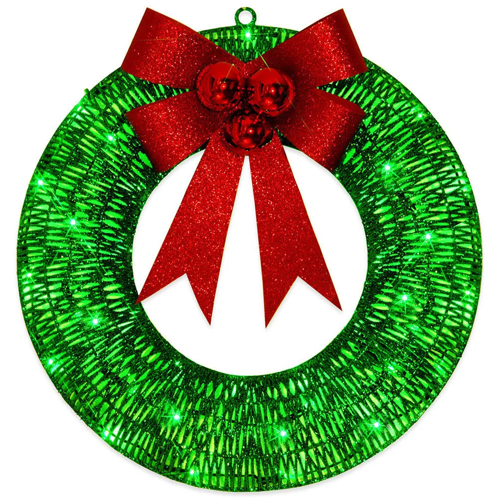 50cm gold and green Christmas garland with LED lights and bowknot on a door