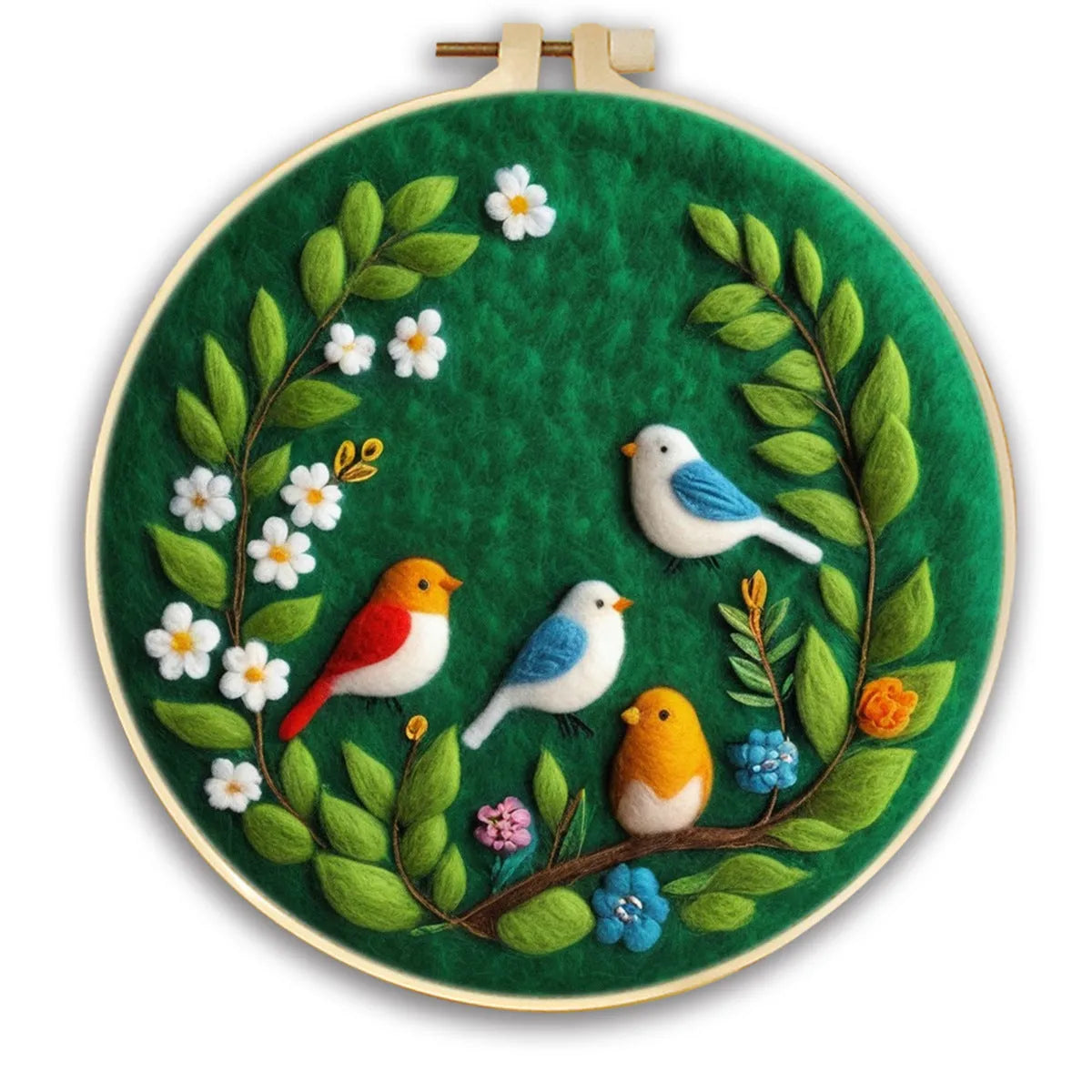 Round linen embroidery frame with wool felt floral decoration kit for three-dimensional wall art